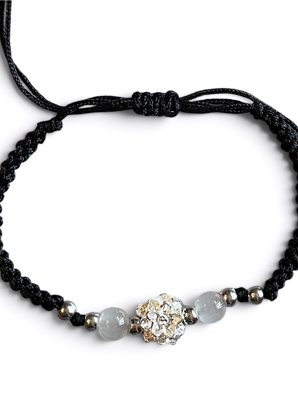 Handmade Black Macrame Bracelet with Silver Floral Bead